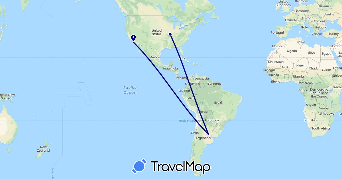TravelMap itinerary: driving in Argentina, United States (North America, South America)